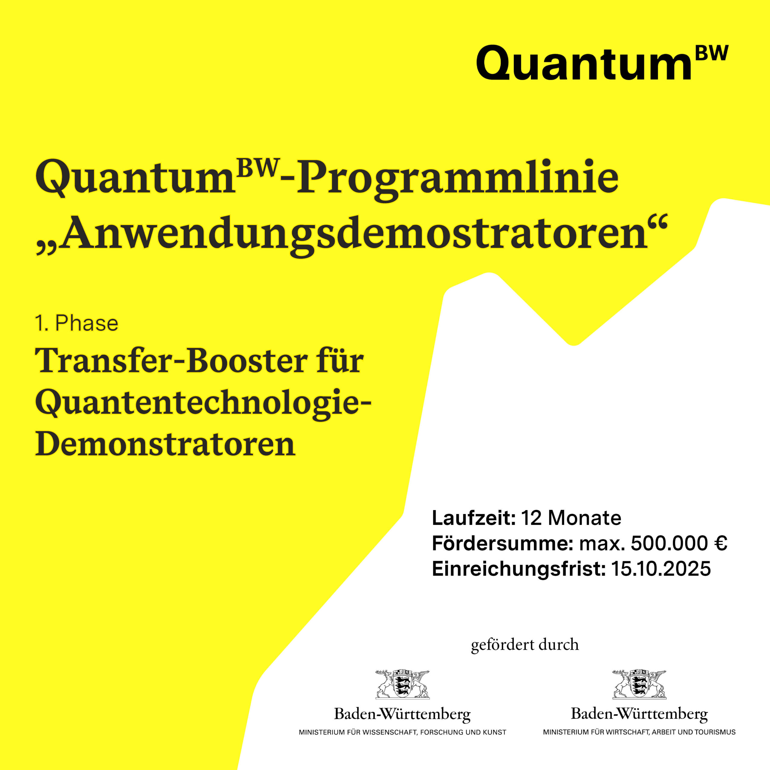 Ankündigung der QuantumBW-Programmlinie „Anwendungsdemonstratoren“ im gelb-weißen Corporate Design